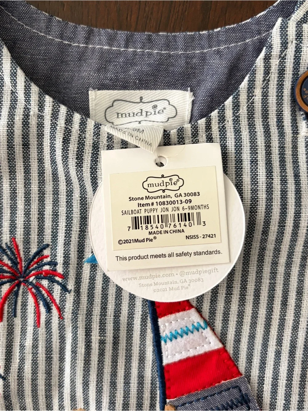 Mud Pie Baby Boy 6-9M Nautical Sailboat Striped Shortall Jon Jon NWT